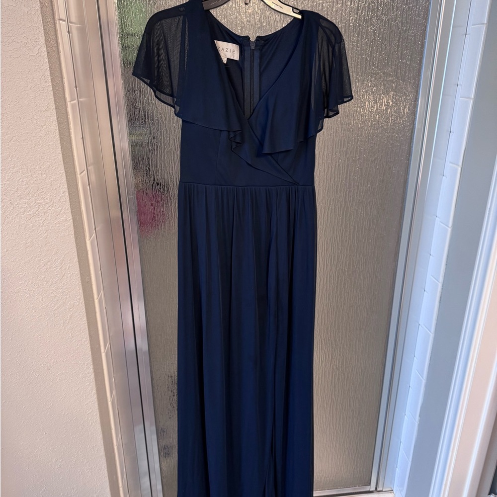 Azazie Navy Ruffle V-Neck Maxi Dress